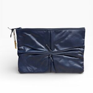 NWT Vintage Letisse Blue Leather Pinched Clutch Zip Top Logo Lined Bag Womens